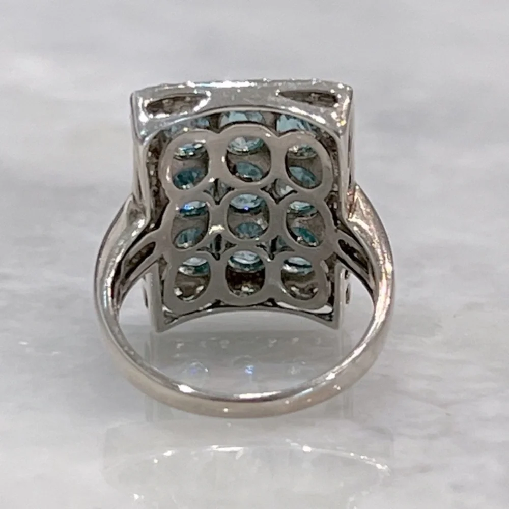 Cambodian Blue Zircon White Zircon Sterling Silver Rectangular Cluster R… - Picture 12 of 14